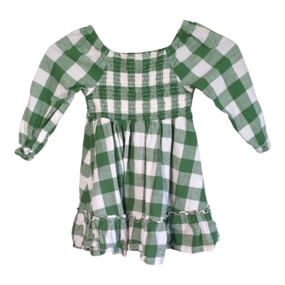 RuffleButts Long Sleeve Smocked‎ Ruffle Hem Dress Green White Plaid Size 4T